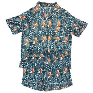 Their Nibs Pajama Set Womens M Teal Fox Owl Satin Short Sleeve Shorts‎ E